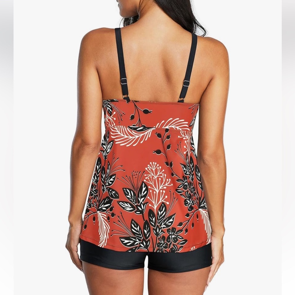 Womens High Neck Blouson Printed Tankini Top and Boy Shorts Modest Swimsuit M - Picture 2 of 2